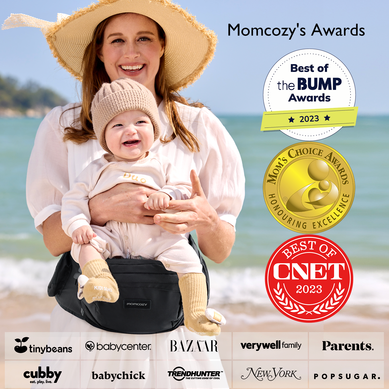 Momcozy Hip Seat Carrier with baby. Shows Momcozy's Awards. Mother and baby smiling. Supporting Momcozy mission.