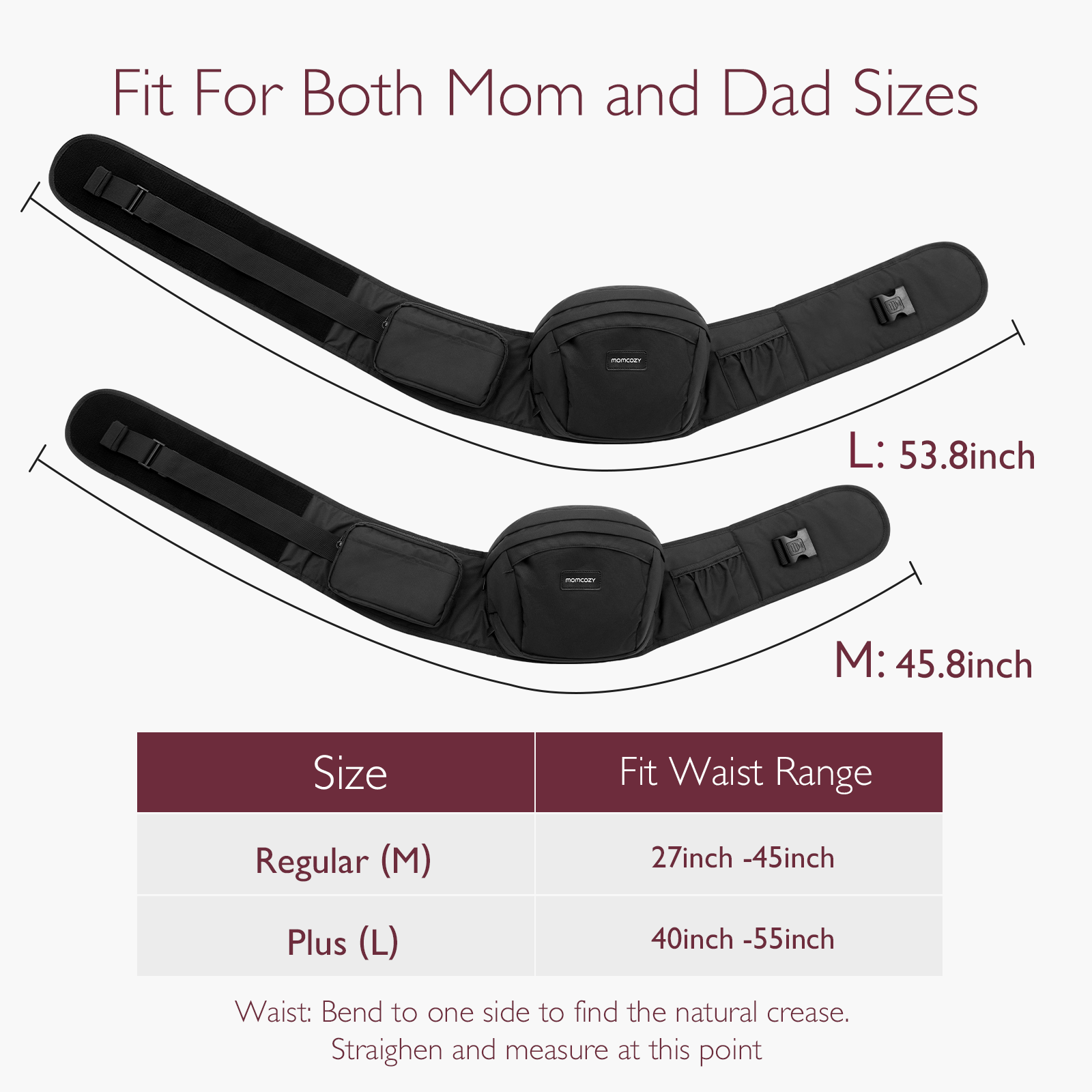 Momcozy Wander360 Hip Seat Carrier in black, showing size options for moms and dads, including waist size chart.