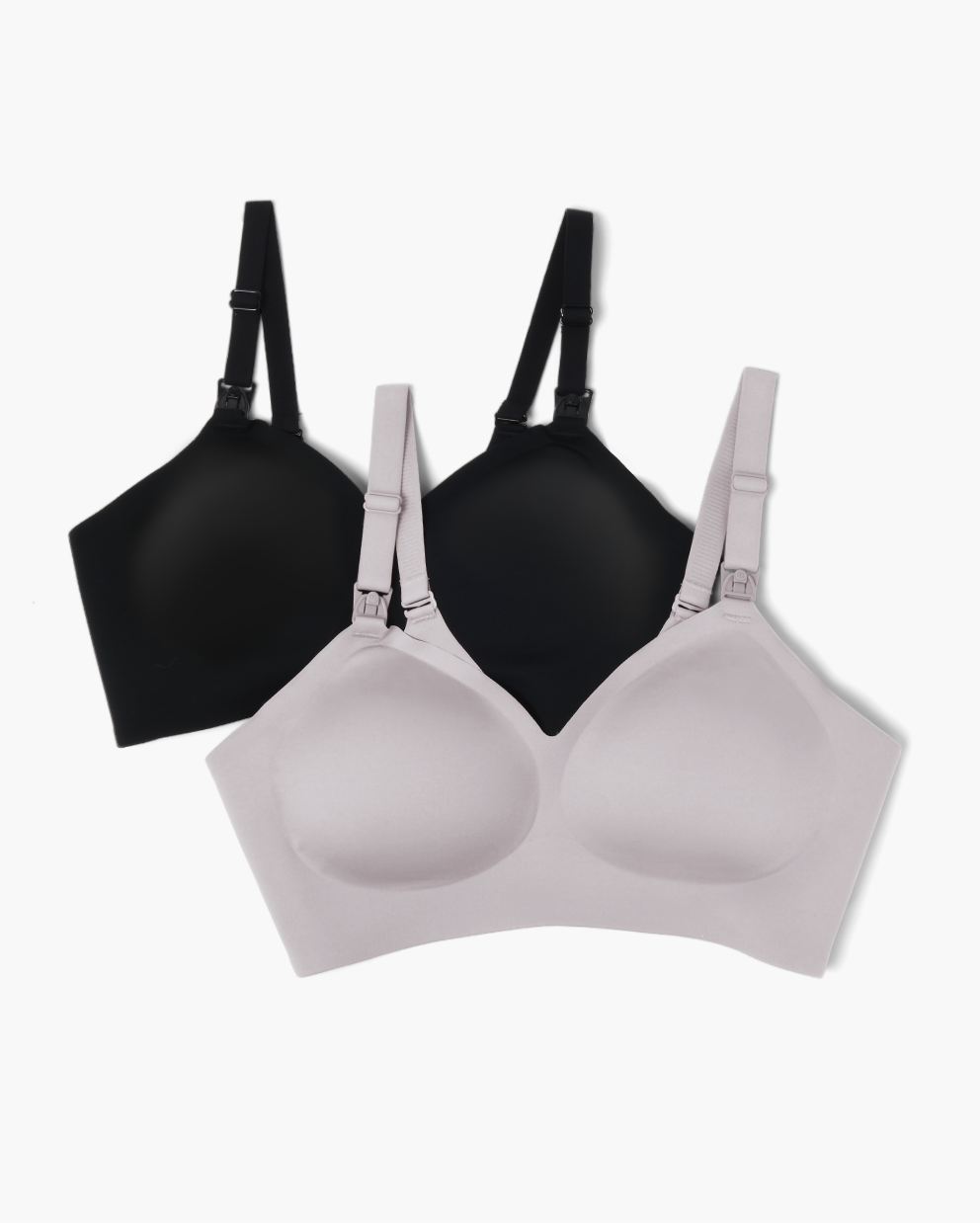 Black & light grey Ultra Soft Seamless Nursing Bras YN21, with adjustable straps and quick-release clips for M5 pump access.