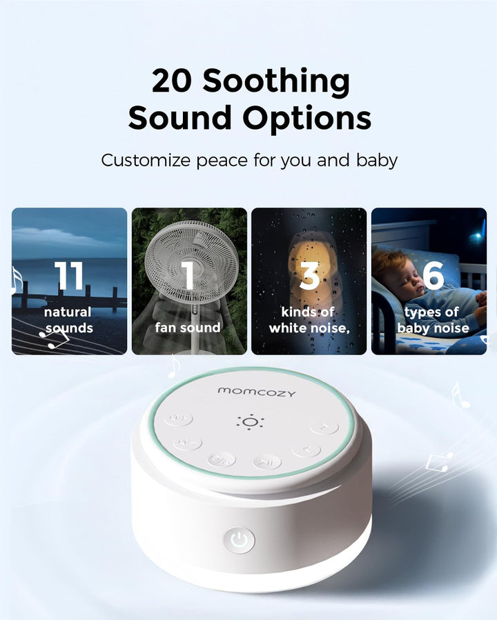 Momcozy Portable Baby Sound Machine displaying 20 soothing sound options for baby comfort.