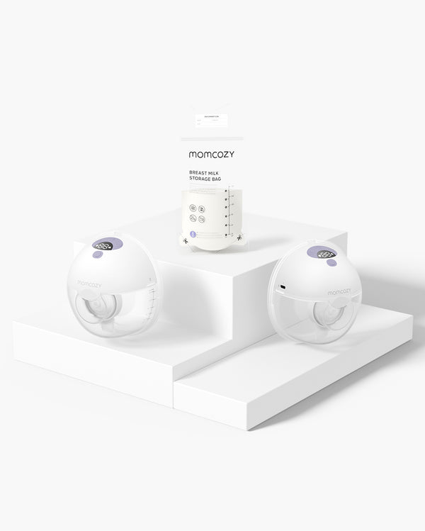 Momcozy M5 wearable breast pumps and breast milk storage bags on geometric podiums