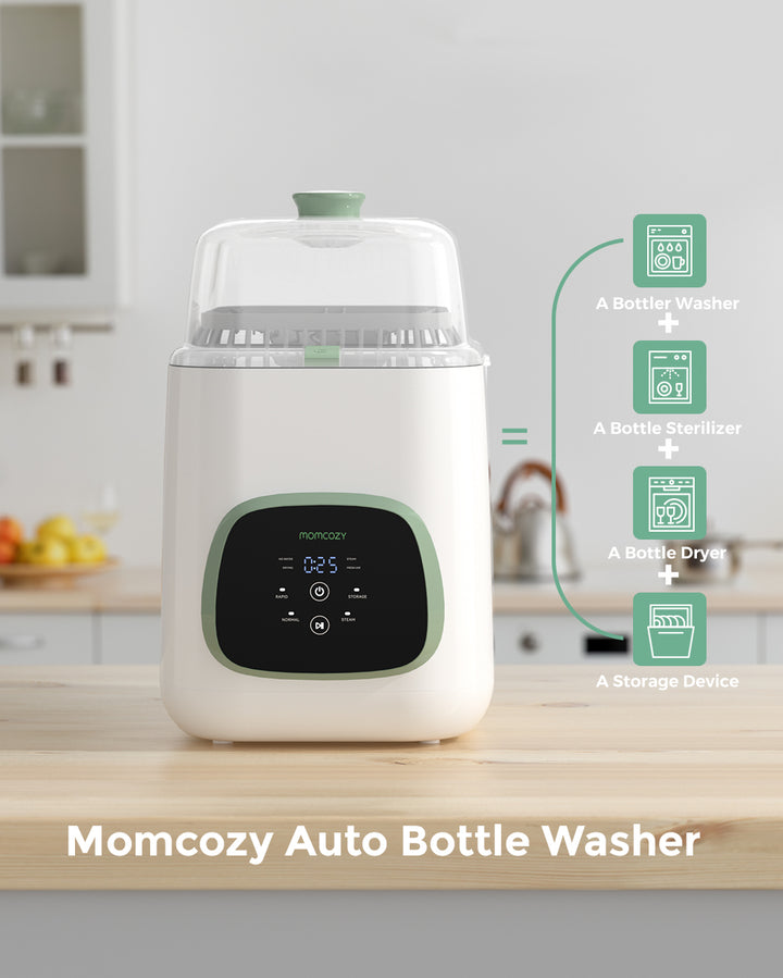 Momcozy Auto Bottle Washer with digital display showcasing multiple functions: bottle washer, bottle sterilizer, bottle dryer and storage device.