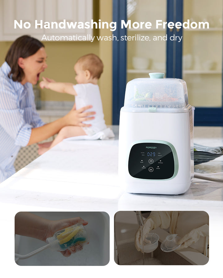 Momcozy KleanPal Pro Baby Bottle Washer in use, providing automatic cleaning and sterilizing.