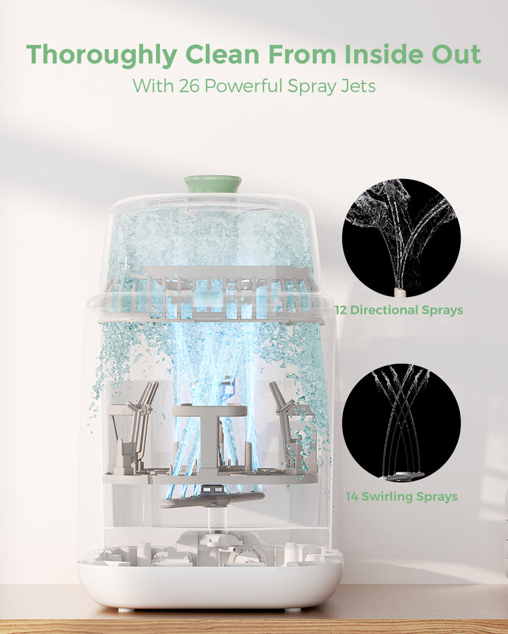 Momcozy KleanPal Pro Bottle Washer showcasing 26 spray jets for thorough cleaning: 12 directional sprays & 14 swirling sprays.