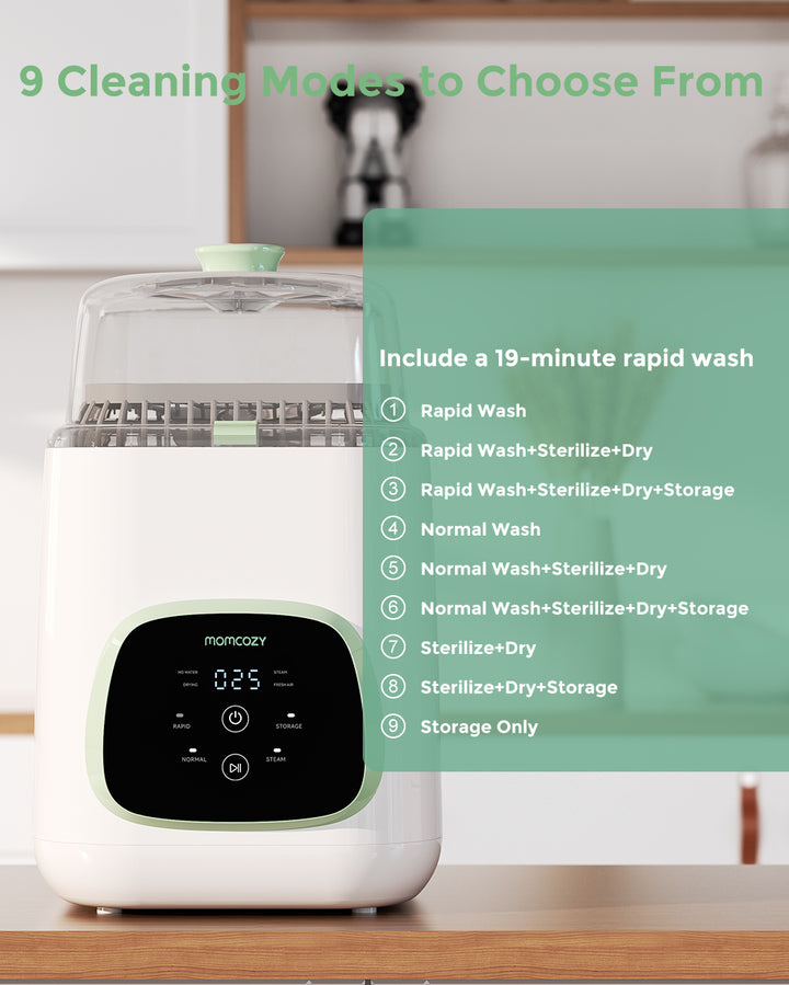 Momcozy KleanPal Pro Baby Bottle Washer showing 9 cleaning modes on digital display include a 19-minute rapid wash.