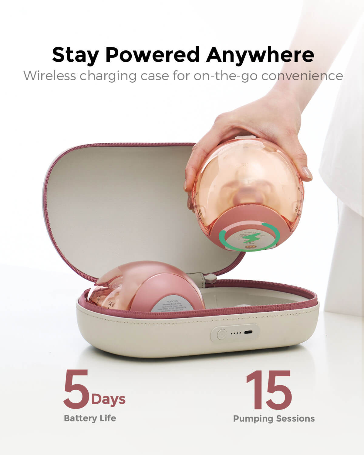 Momcozy Air 1 rose gold breast pump with charging case, 5-day battery life, 15 sessions.