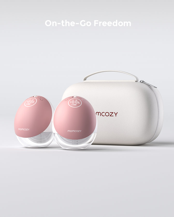 The Momcozy Mobile Flow™ hands-free breast pump set comes with a stylish carrying case, making it easy to carry and use.