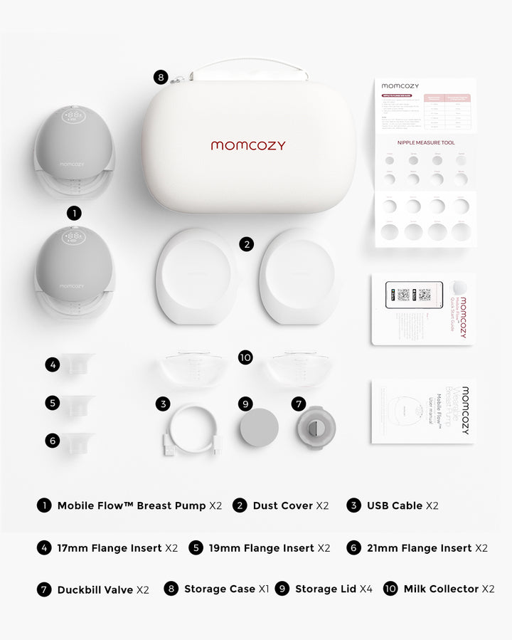 Momcozy Mobile Flow™ breast pump set with accessories, labeled components, and storage case.