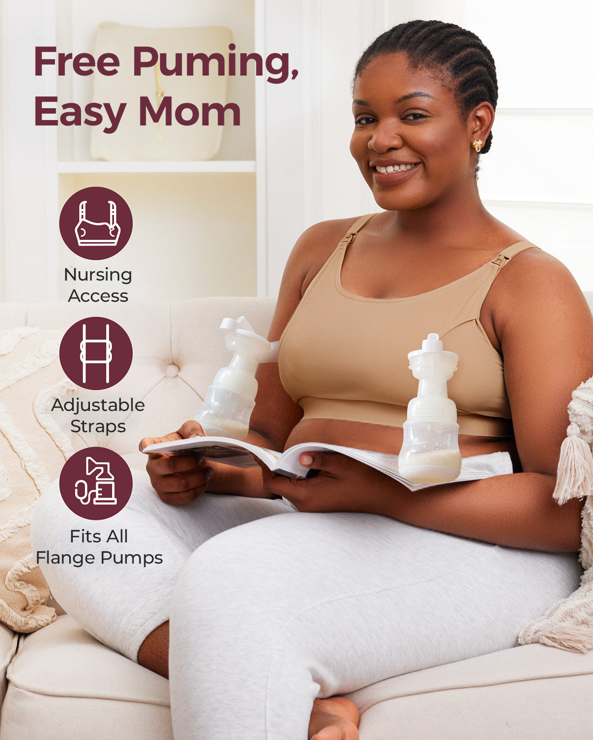 Smiling Black mom hands-free pumping in beige YN08 bra with nursing access, adjustable straps, universal pump fit.