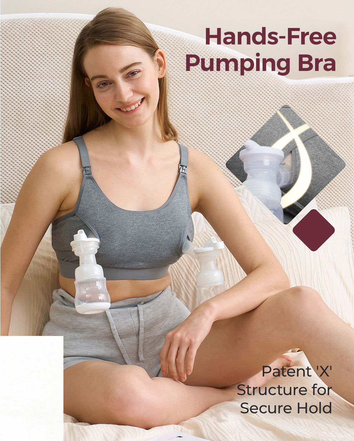 Smiling woman in heather grey YN08 hands-free pumping bra, showcasing secure fit for active pumping with adjustable straps.