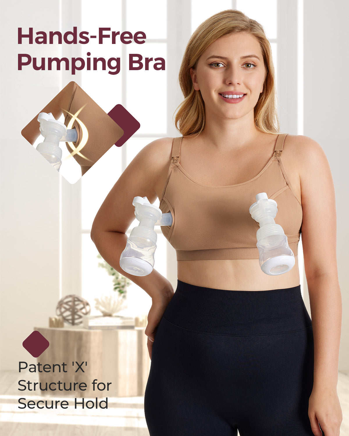 Smiling blonde woman demonstrates YN08 nude hands-free pumping bra, featuring patented 'X' design for stable pump support.
