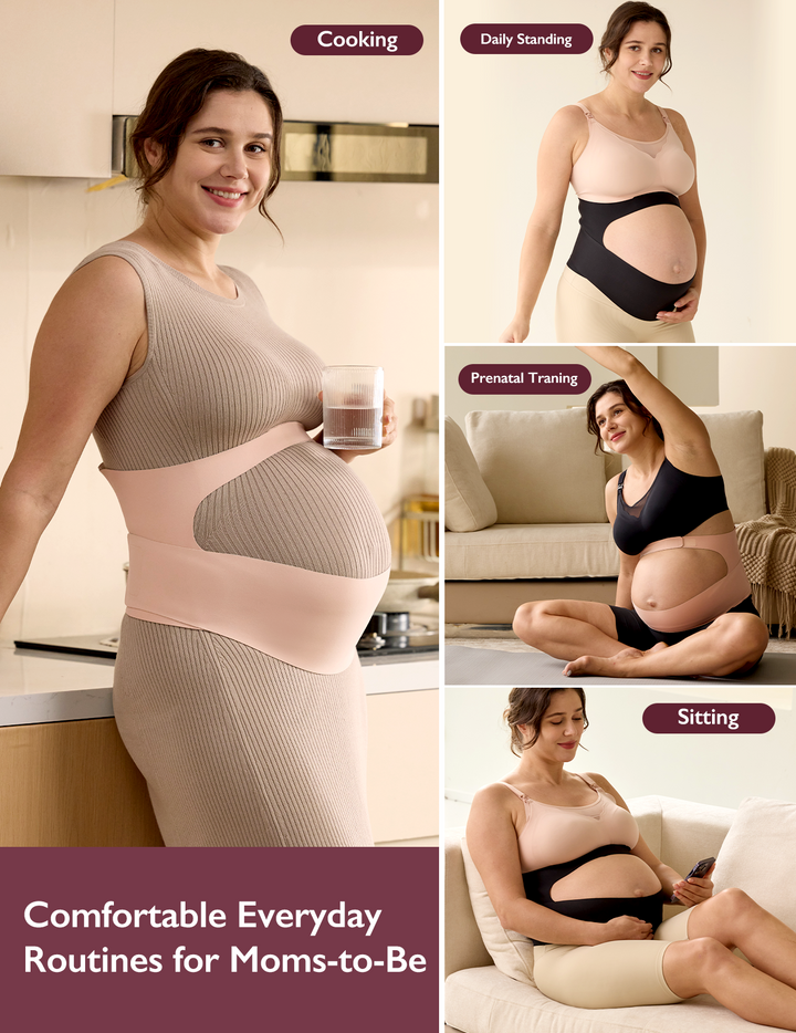 A pregnant woman can wear the Momcozy Ergonest Maternity Belly Band during everyday activities such as cooking, sitting, standing, and training.