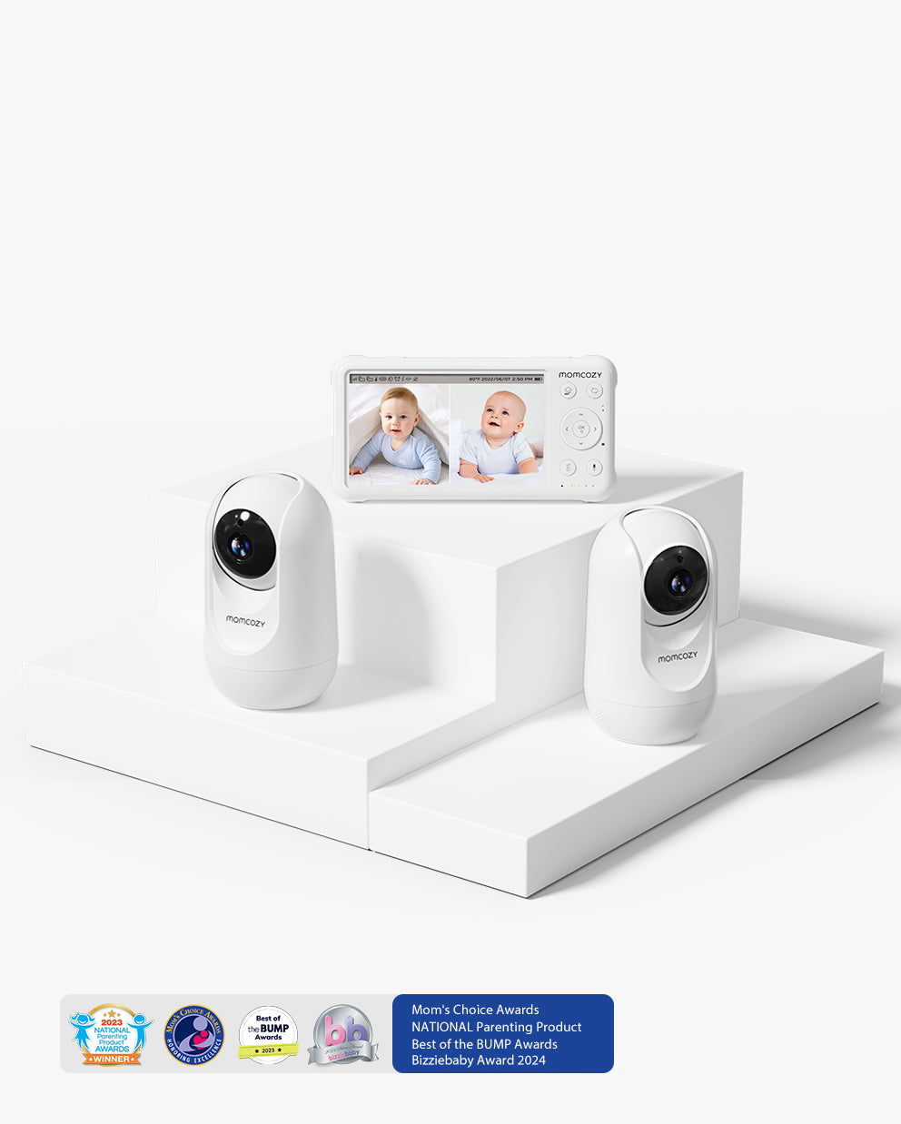 Momcozy 1080P Baby Monitor BM01 with split screen display of baby, multiple awards for peace of mind.