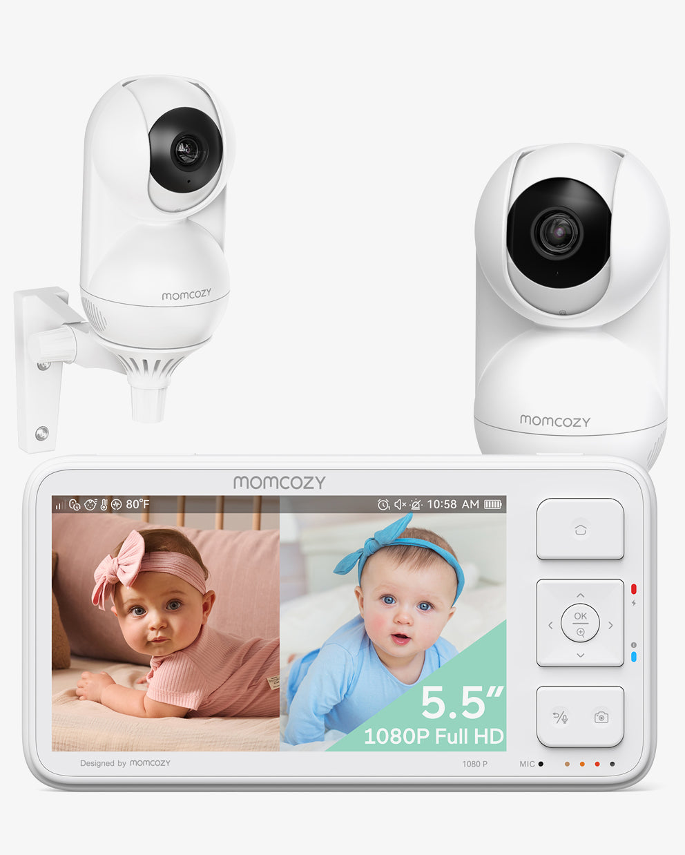 Momcozy BM03 baby monitor with 5.5" Full HD display, showing clear images of baby for peace of mind.