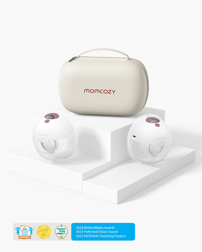 Momcozy M5 Wearable Breast Pump with storage case, award badges on display.