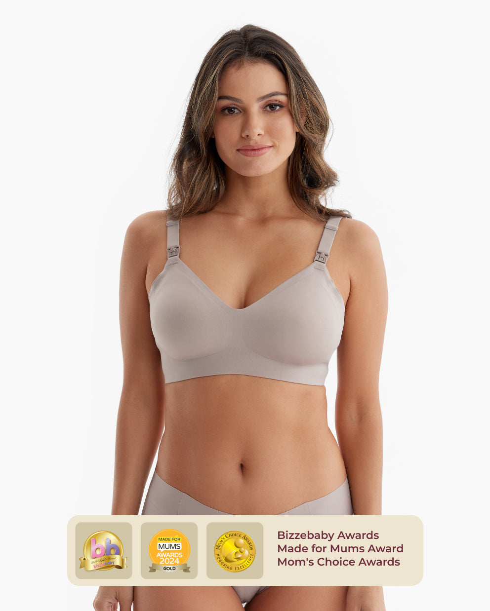 Model in light taupe Ultra Soft Seamless Nursing Bra. Comfortable, with silver clips. Award-winning, M5 pump compatible.