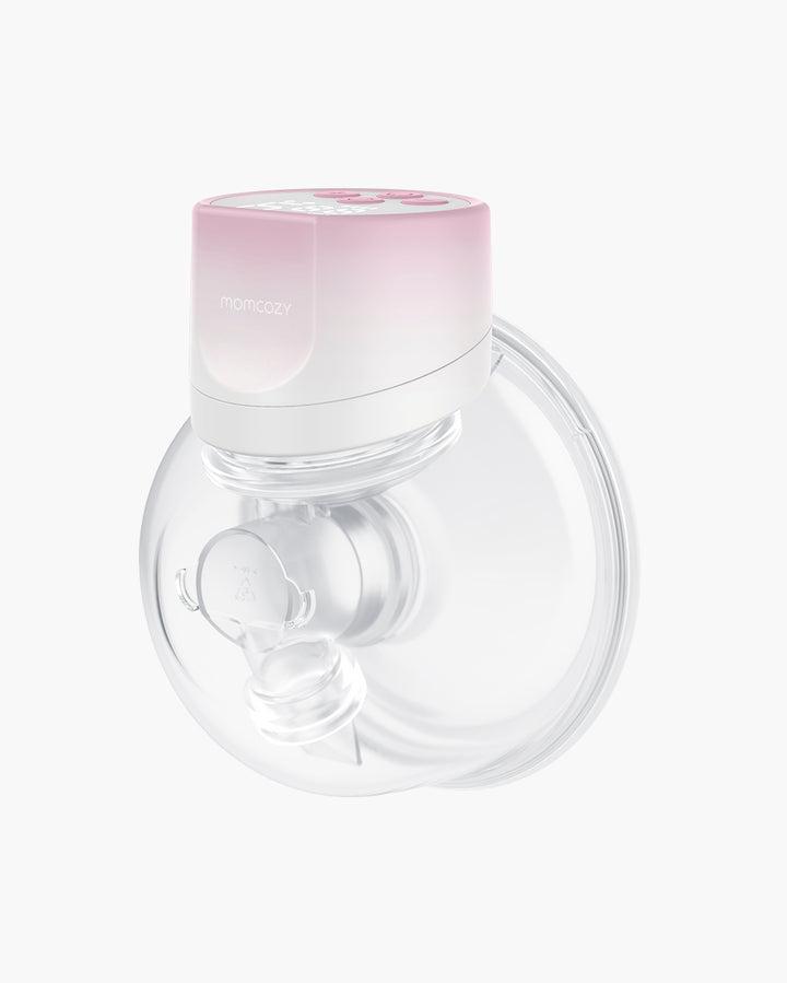 Momcozy S12 Pro Wearable Breast Pump with transparent flange, showcasing buttons and controls.