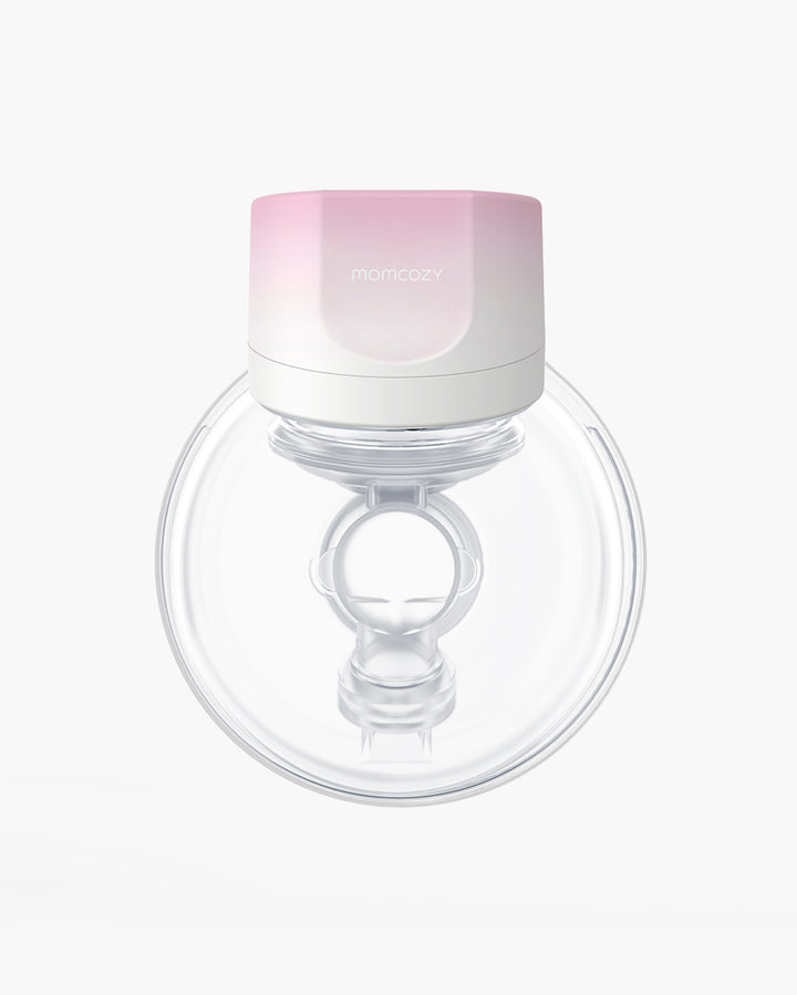 Momcozy S12 Pro Wearable Breast Pump featuring a pink gradient top, transparent flange design, and clear milk collector.