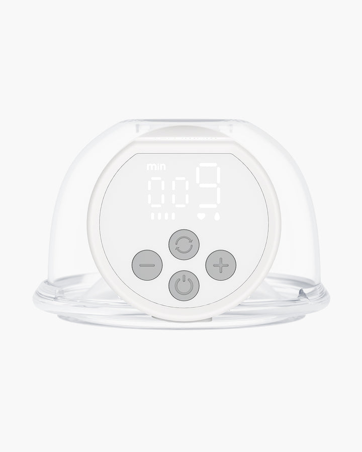 Close-up of Momcozy S12 Pro breast pump display showing timer and control buttons.