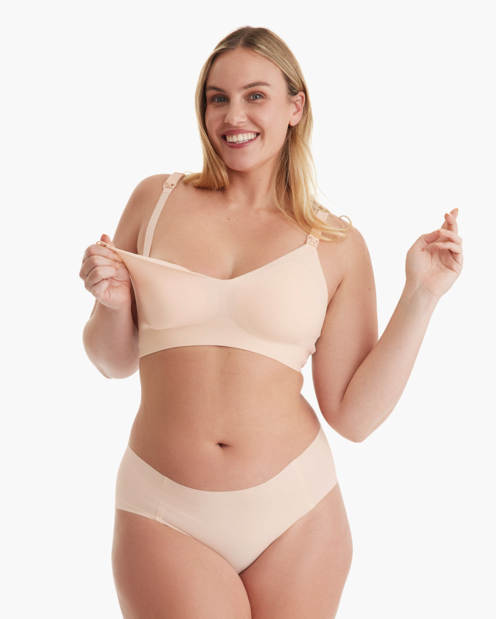 Light peach YN21 Ultra Soft Seamless Nursing Bra on model, highlighting comfortable stretch & easy M5 pump access.