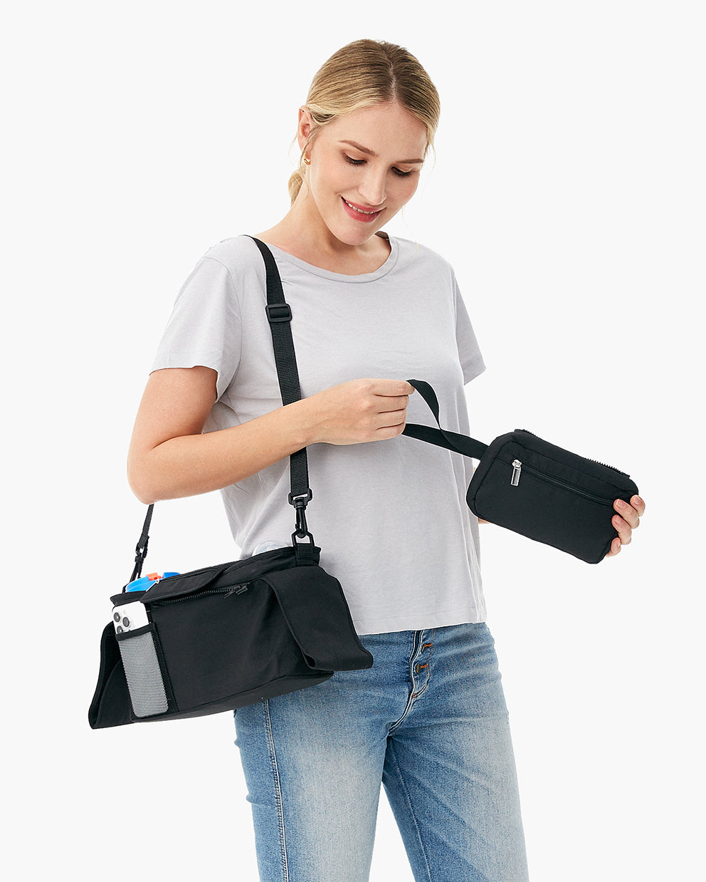 Momcozy stroller organizer, black bag with detachable pouch, ideal for baby essentials and easy stroller organization.